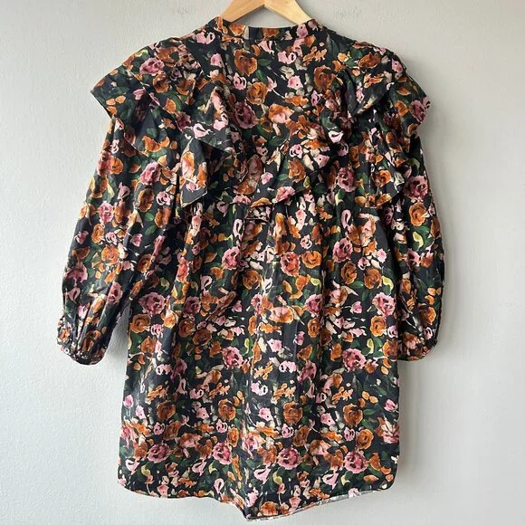 Something Navy Floral Ruffle Yoke Button Front Mini Dress Size S Womens - Picture 4 of 6